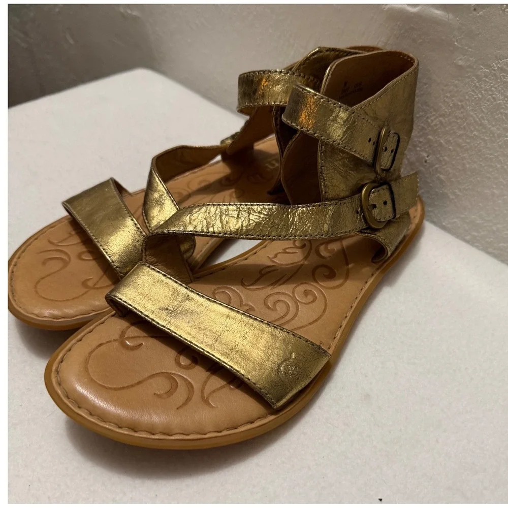 Born Mai Metallic Gold Leather Gladiator Sandals Double Buckle Women's 7M Boho